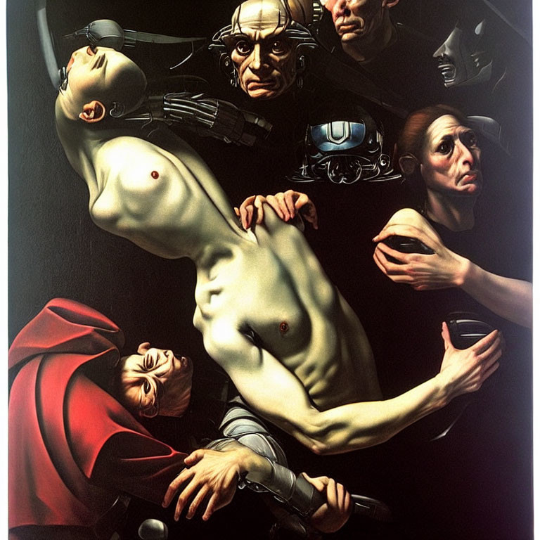 Surreal painting of disjointed human figures with exaggerated expressions