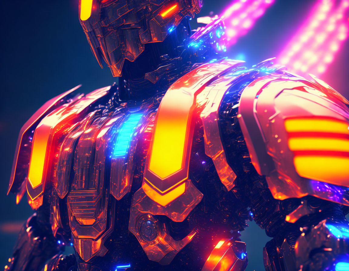 Futuristic robot with glowing lights on neon backdrop