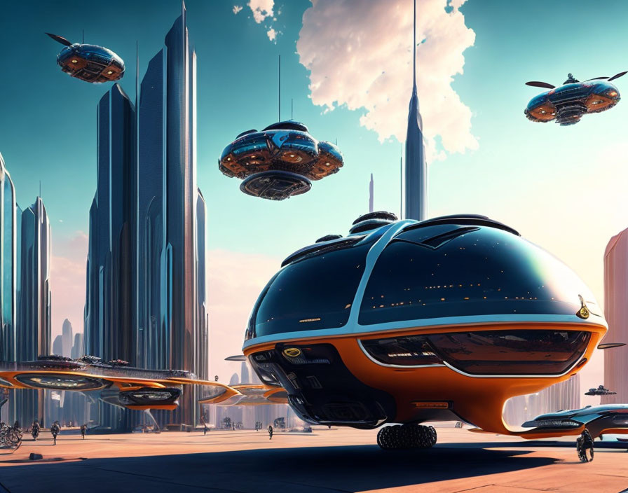 Futuristic Cityscape with Skyscrapers and Flying Vehicles