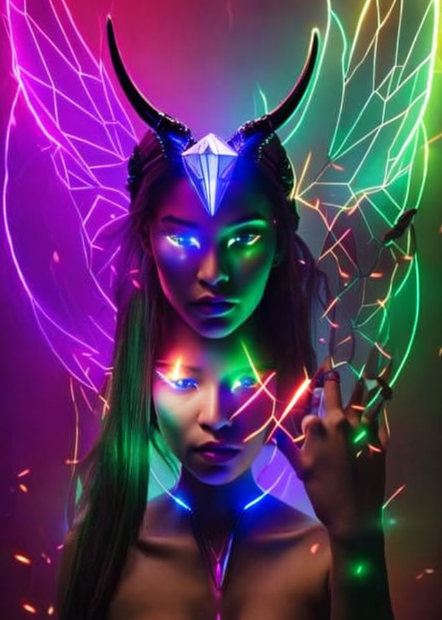 Person with glowing green skin and horns in metallic headpiece on neon backdrop