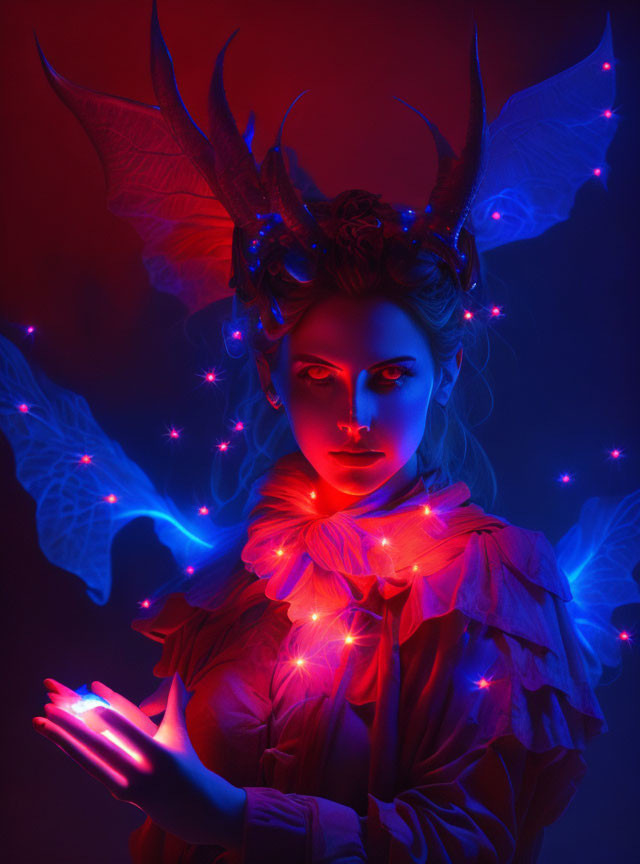 Fantasy-themed portrait of a woman with glowing eyes and horns in blue and red lights