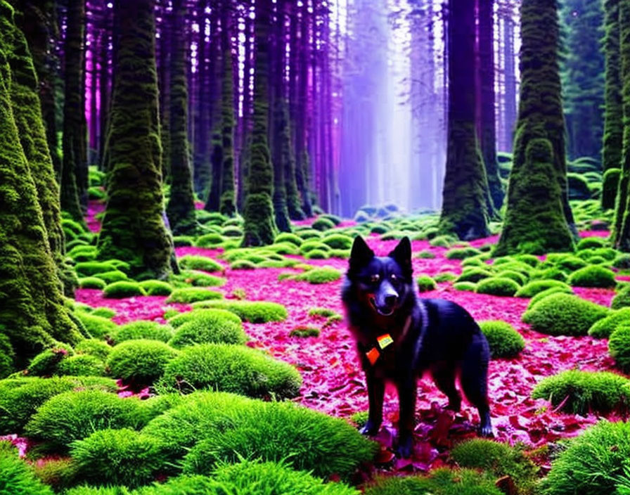 Black Dog with Bright Collar in Purple Forest with Green Moss