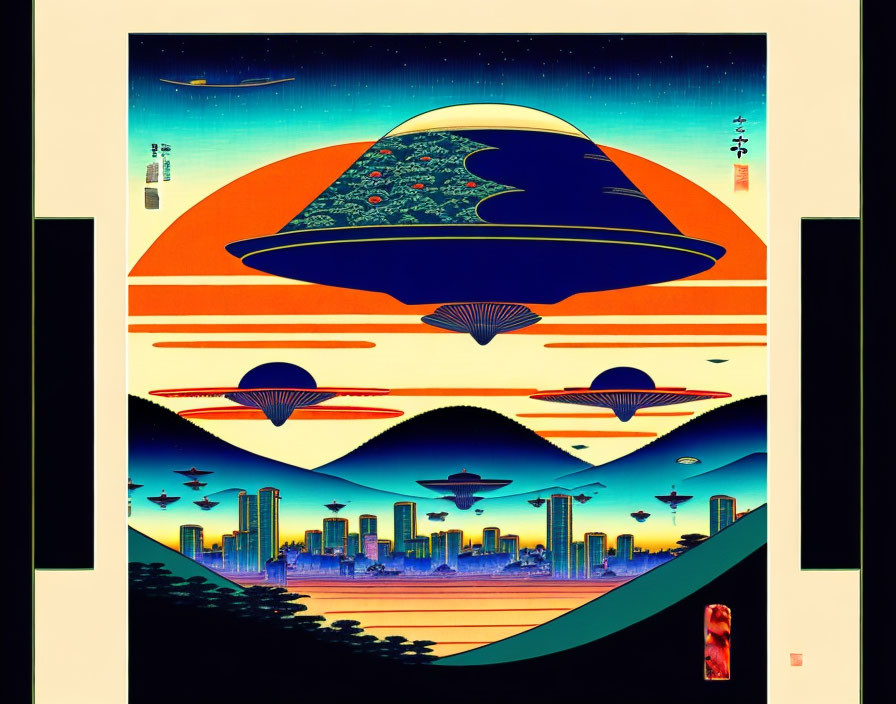 Retro-futuristic UFO art with cityscape, sunsets & cosmic elements