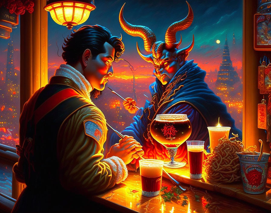 Man and mythical creature with horns at neon-lit bar with cityscape backdrop.