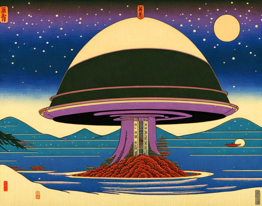 Retro-futuristic Japanese woodblock-style sci-fi UFO illustration