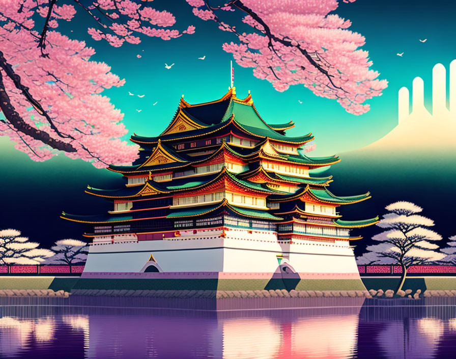 Traditional Japanese castle surrounded by cherry blossoms and surreal mountain backdrop at dusk