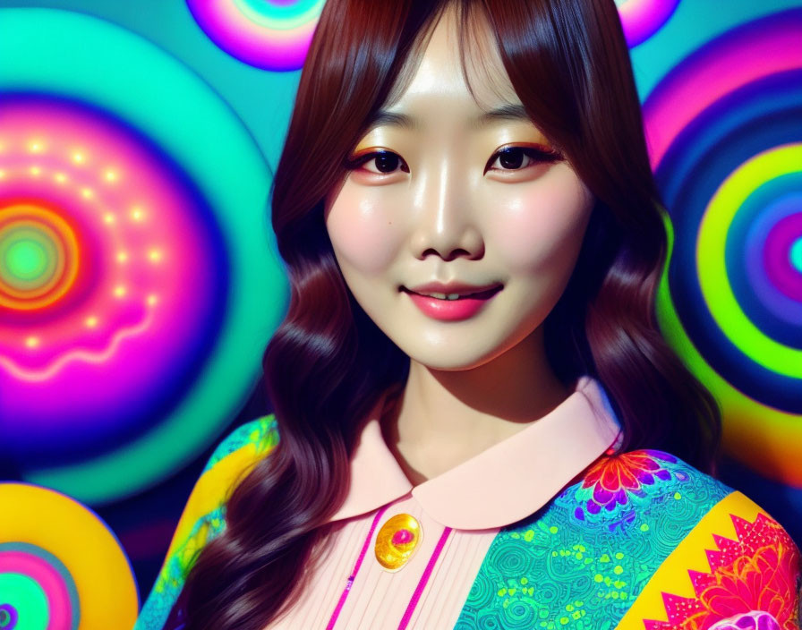 Colorfully dressed woman with gentle smile against vibrant psychedelic backdrop