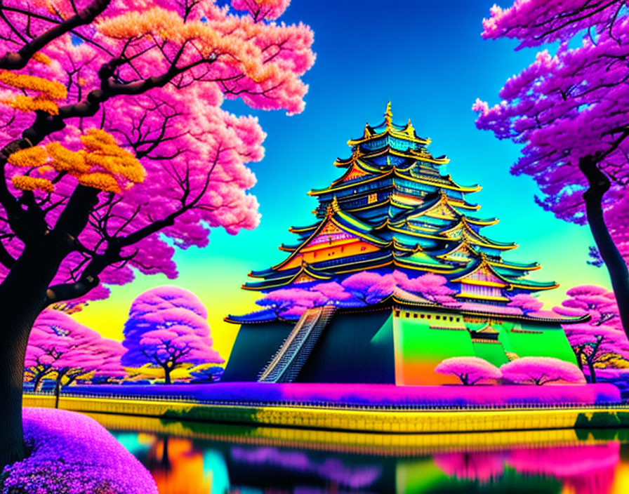 Traditional Japanese castle and cherry blossoms under colorful sky with reflection in pond