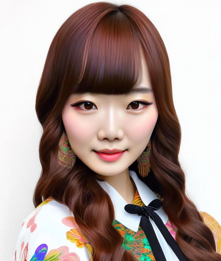 Woman with wavy brown hair in traditional Korean attire and statement earrings