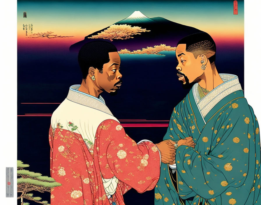 Traditional Japanese Robed Men with Mount Fuji Background at Dusk