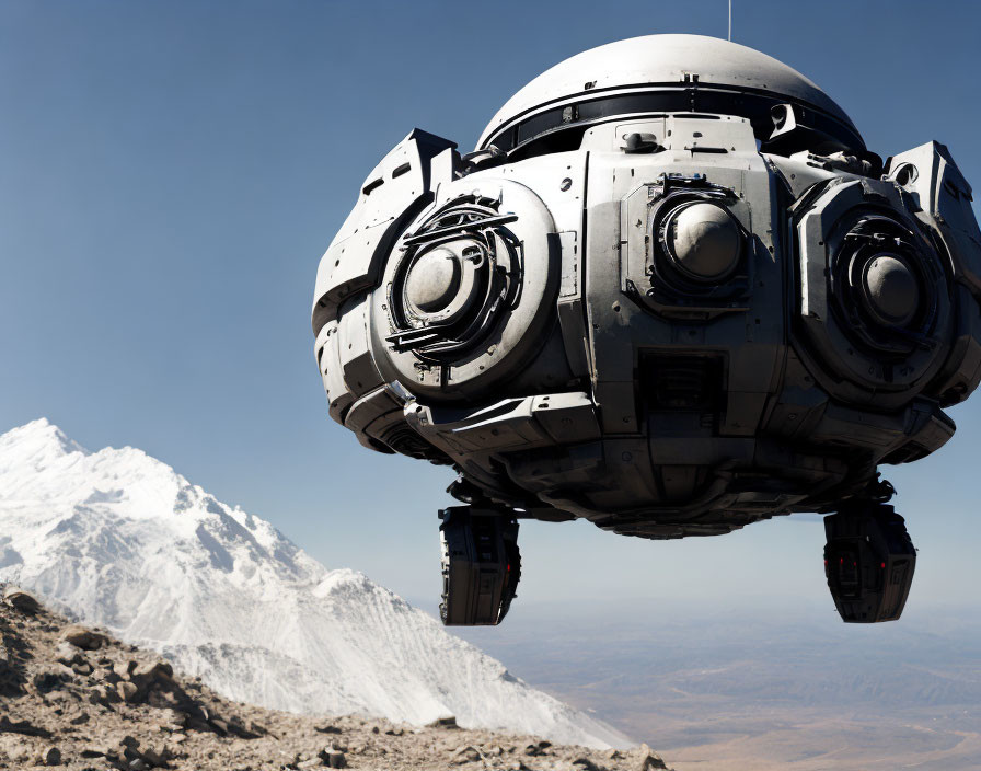 Futuristic spherical spacecraft with circular engines over mountainous terrain