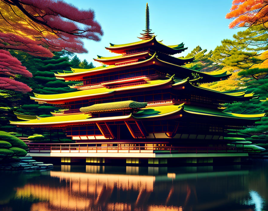 Traditional Japanese Pagoda Surrounded by Colorful Trees and Tranquil Pond