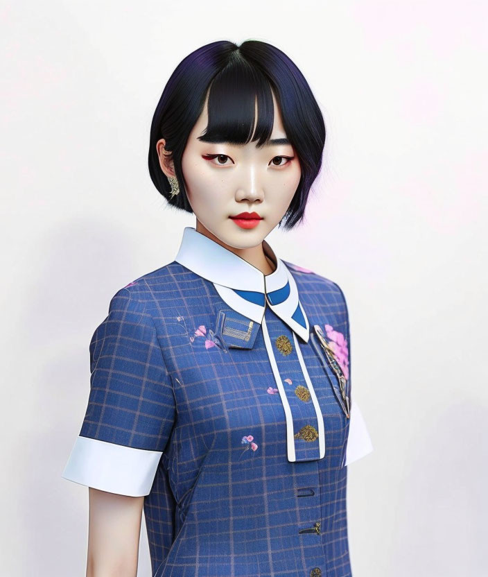 Young woman with bobbed black hair in blue patterned dress with white collar and pin.