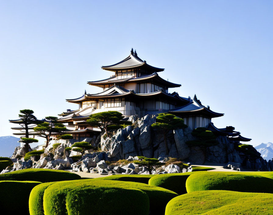 Japanese Castle Surrounded by Manicured Gardens and Sculpted Bushes