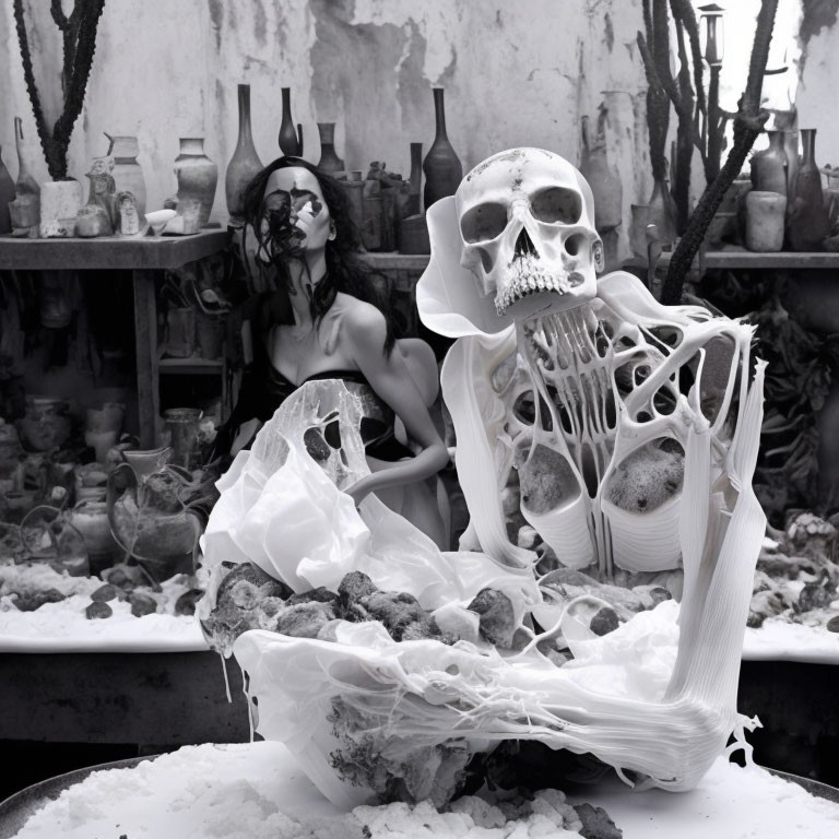 Monochrome image of person with skull makeup and skeletal hand prop among artifact-filled shelves