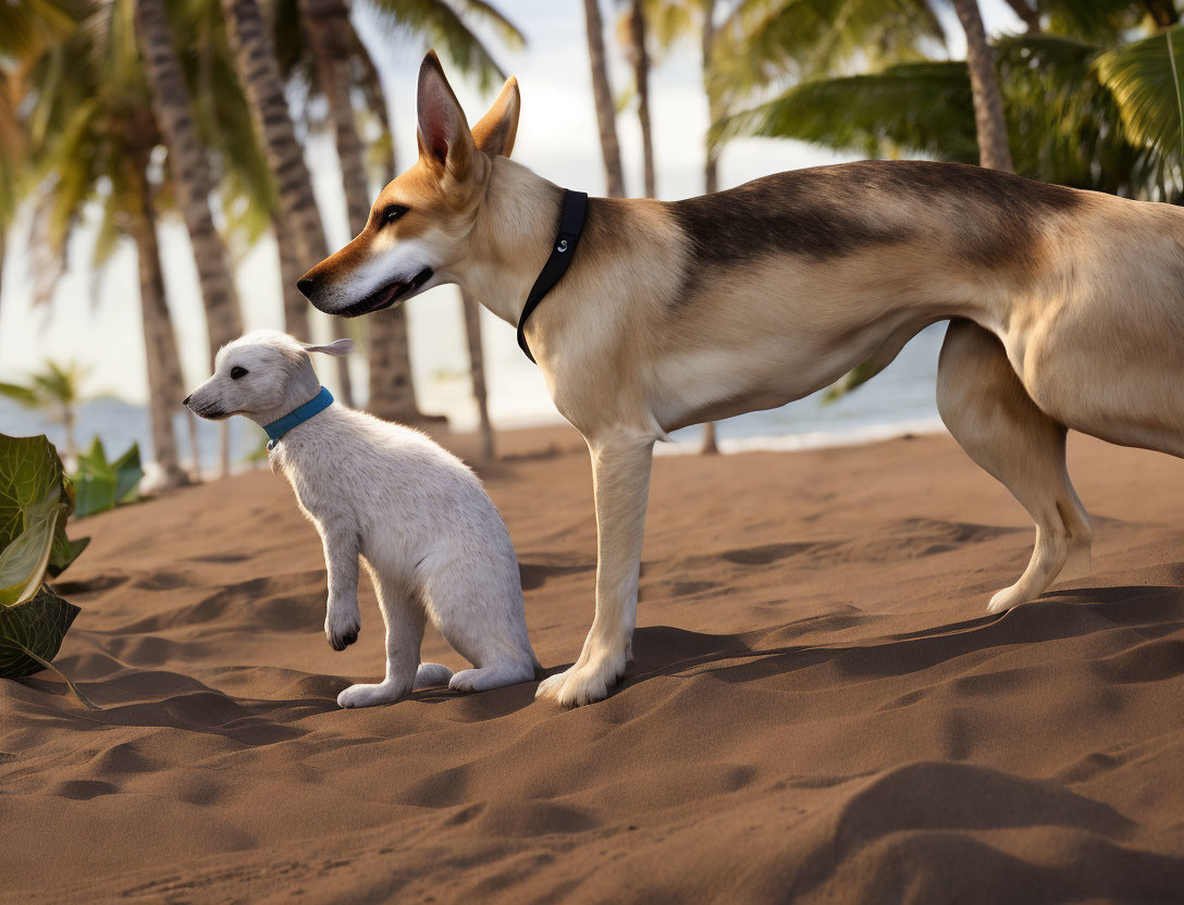 Large Dog and Small Lamb on Sandy Beach with Palm Trees