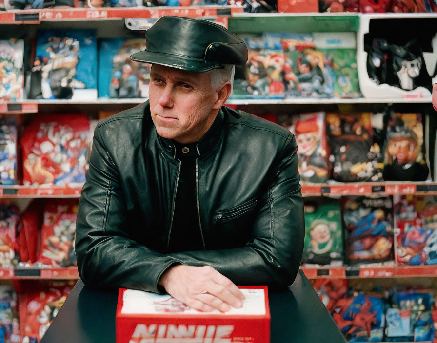 Person in black leather jacket at table with colorful toy packaging shelves