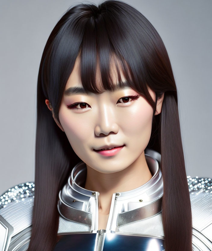 Woman in futuristic silver armor with long black hair and bangs.