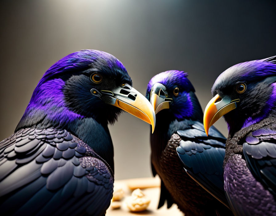 Three Stylized Purple Ravens with Golden Beaks on Dark Background