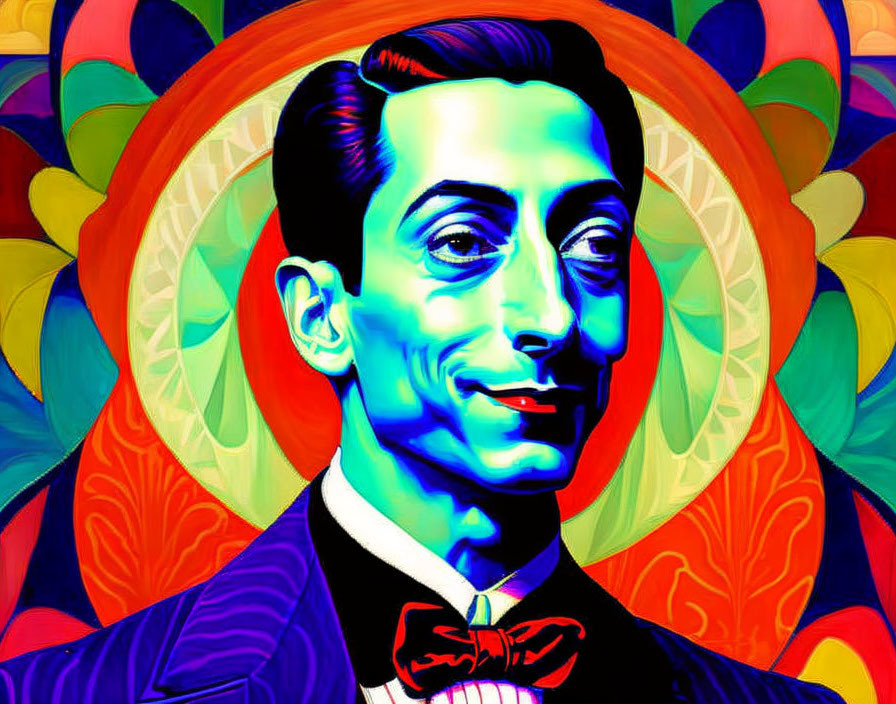 Colorful portrait of a stylized man in suit and bow tie against ornate background