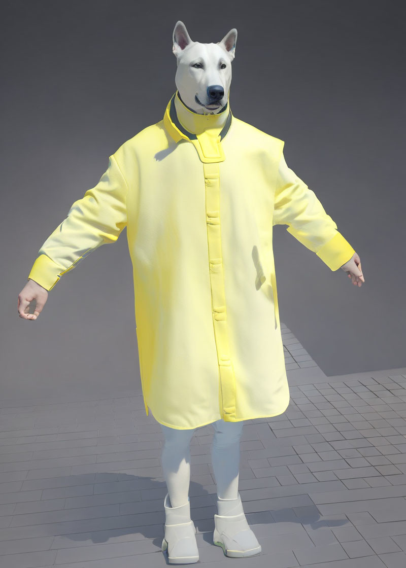 Dog-headed humanoid in yellow shirt and white sneakers on grey background