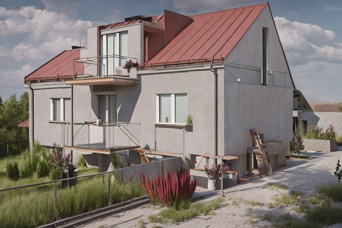 Two-story home with red roof and balcony in lush setting