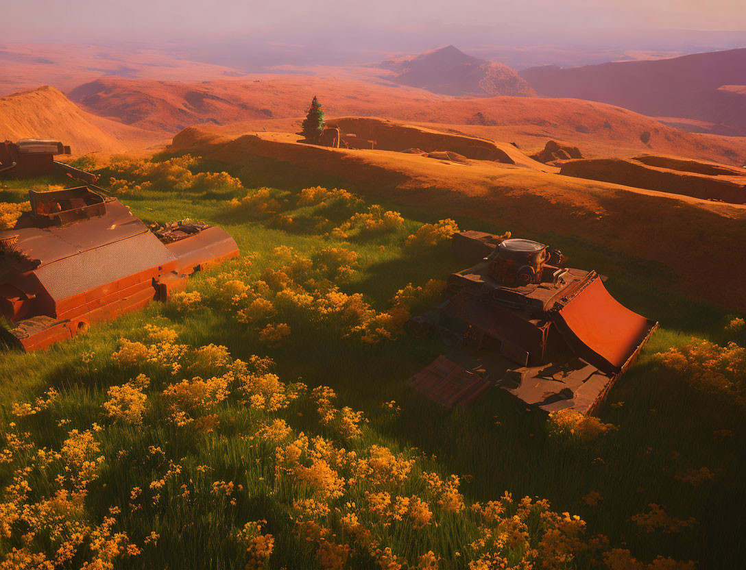 Abandoned train carriages in rustic landscape with yellow flowers at sunset