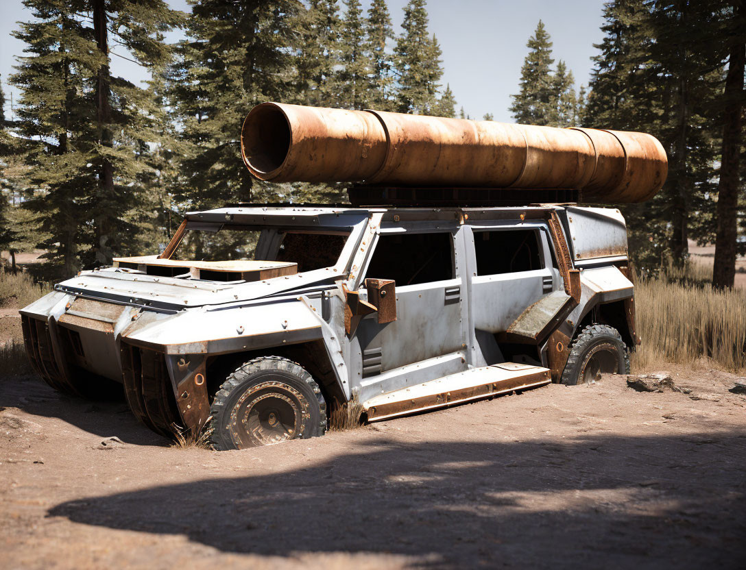 Armored vehicle with cylindrical tank in forest setting