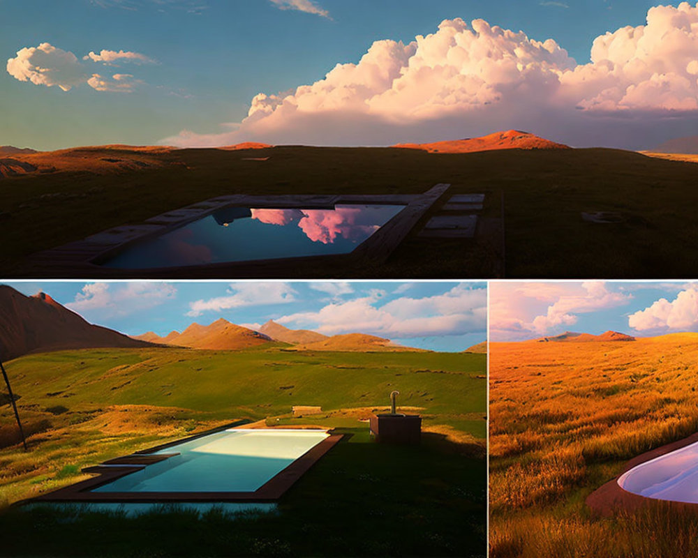 Tranquil landscape with infinity pool & rolling hills under changing skies