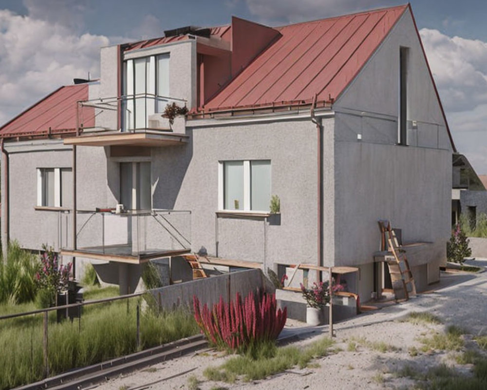 Two-story home with red roof and balcony in lush setting