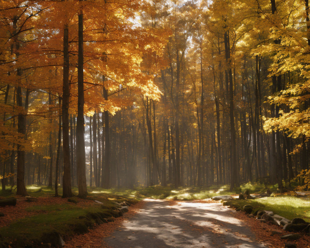 Tranquil Autumn Forest Path with Sunbeams