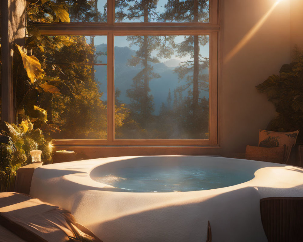 Tranquil indoor hot tub with forest view at sunset