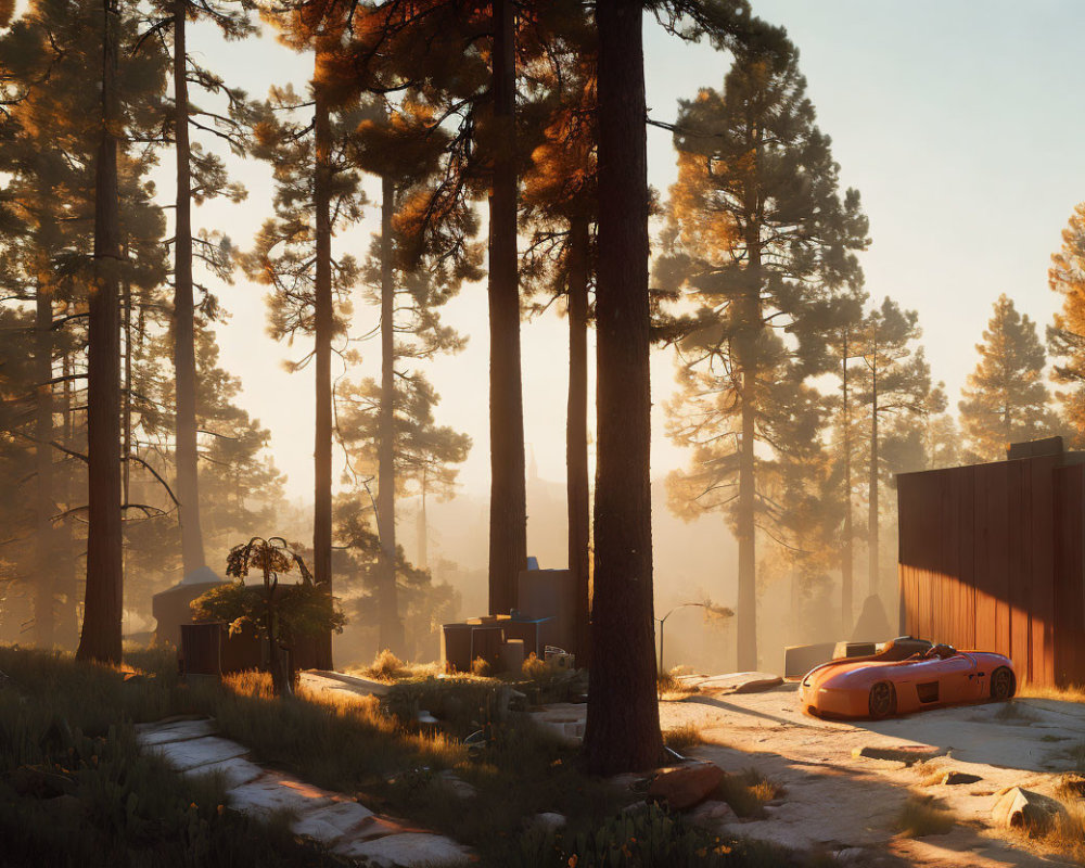 Sunrise forest scene with sunbeams, modern house, and sports car