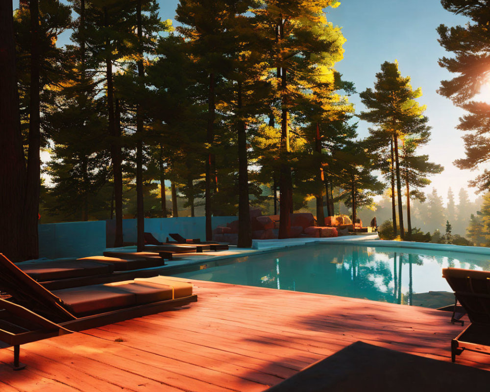 Serene infinity pool with pine trees and sun loungers on wooden deck