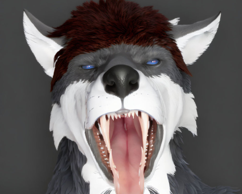 Anthropomorphic wolf with blue eyes, grey and white fur, and red mane.