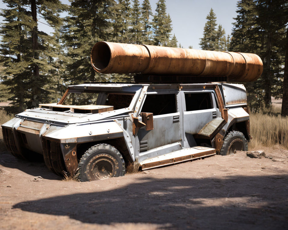 Armored vehicle with cylindrical tank in forest setting