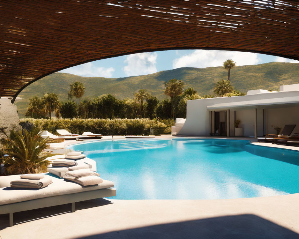 Luxurious pool with clear blue water, white sun loungers, curved pergola, modern building,