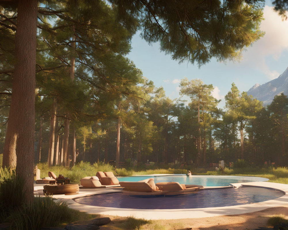 Tranquil outdoor pool with pine trees, mountains, and sun loungers