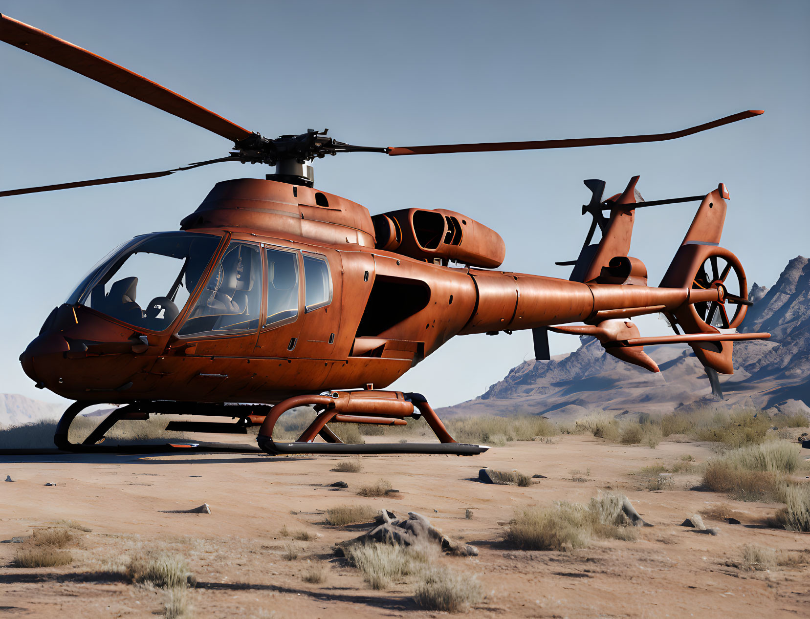 Red Twin-Rotor Helicopter on Desert Terrain with Mountains and Clear Sky