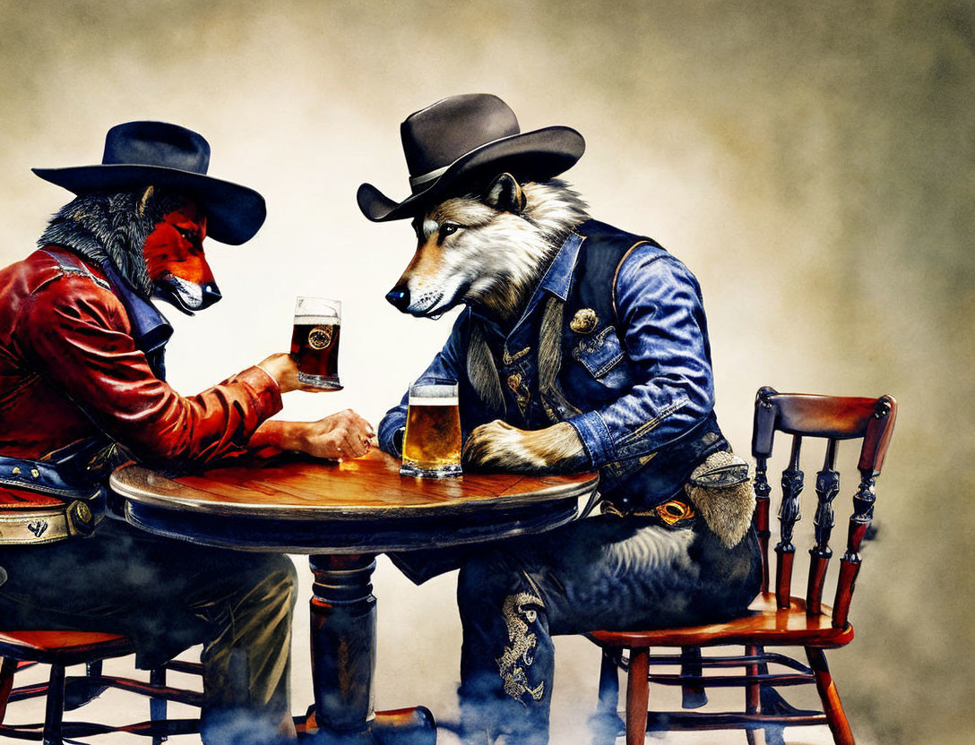 Bear and wolf in Western attire having a drink at a table