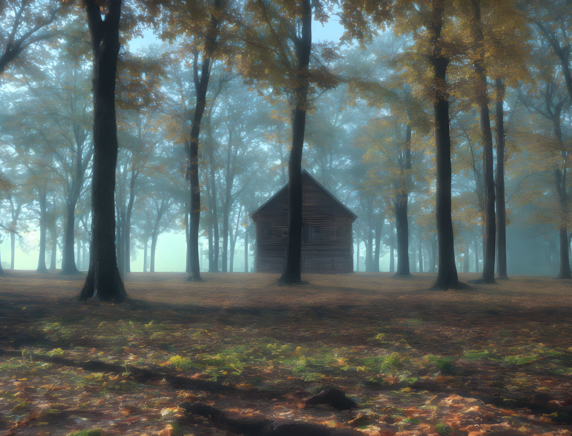 Foggy autumn forest with golden leaf trees and wooden cabin