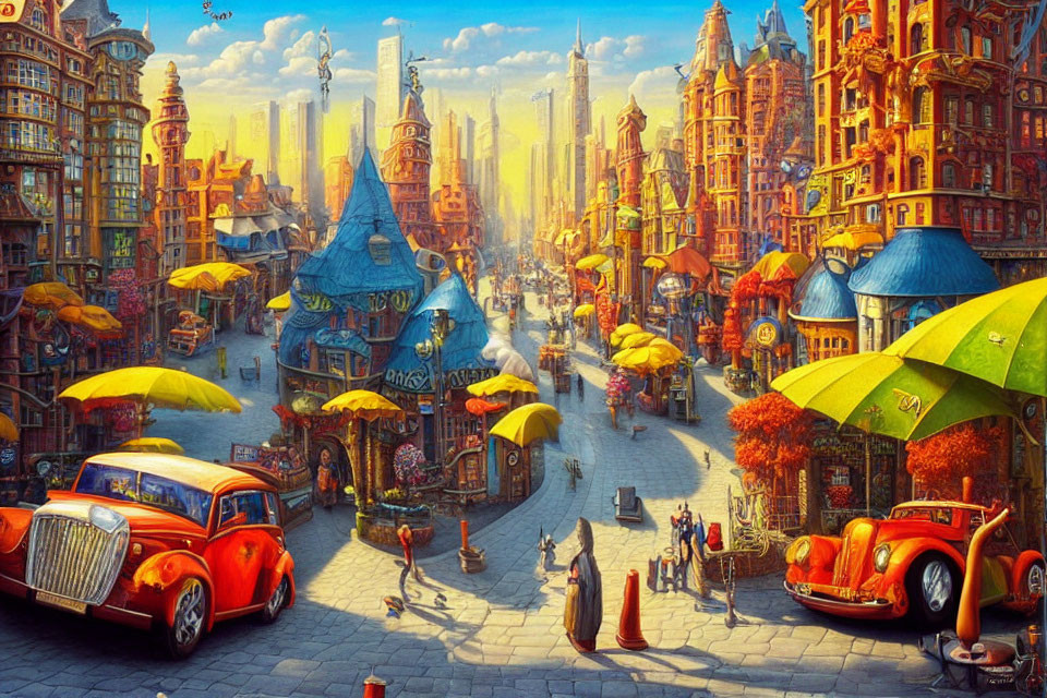 Colorful cityscape with classic cars, yellow umbrellas, and floating islands.