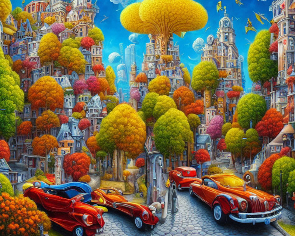 Colorful cityscape with whimsical architecture and vintage cars under a fantastical sky.