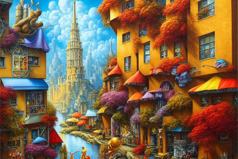 Whimsical cityscape with colorful architecture and magical details