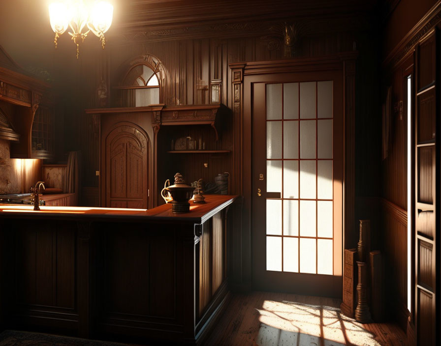 Classic Kitchen with Dark Wood Cabinetry and Bright Paneled Door