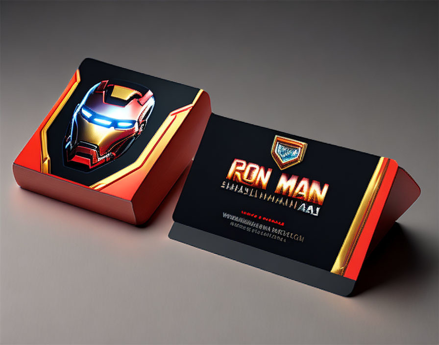 Stylized Iron Man-themed business card with helmet illustration on black and red background