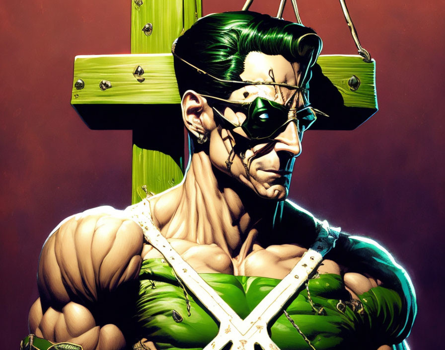 Muscular green-haired superhero with black mask and white cross emblem hanging on cross.