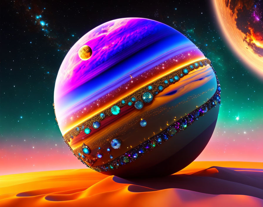 Colorful Gas Giant Planet Artwork Against Starry Sky and Orange Landscape