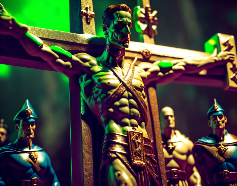 Muscular superhero figure with sash and cape, surrounded by similar figures