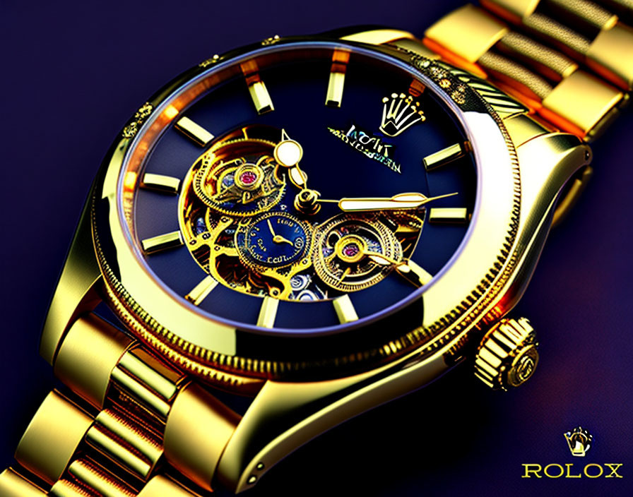 Gold Rolex Watch with Skeleton Dial and Crown Logo View